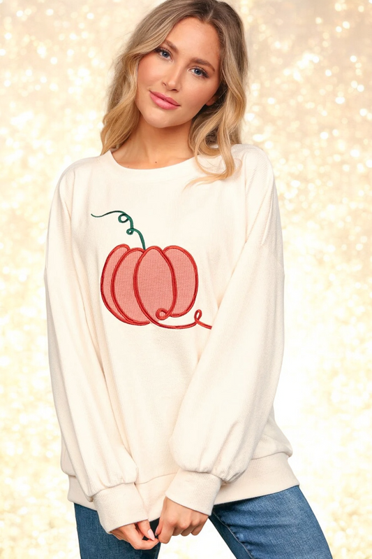 Haptics Full Size Embroidery Pumpkin Long Sleeve Knit Top