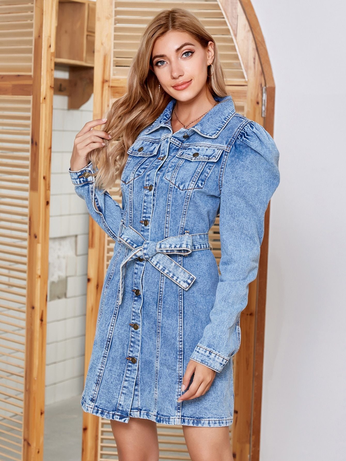 Tied Button Up Collared Neck Denim Dress