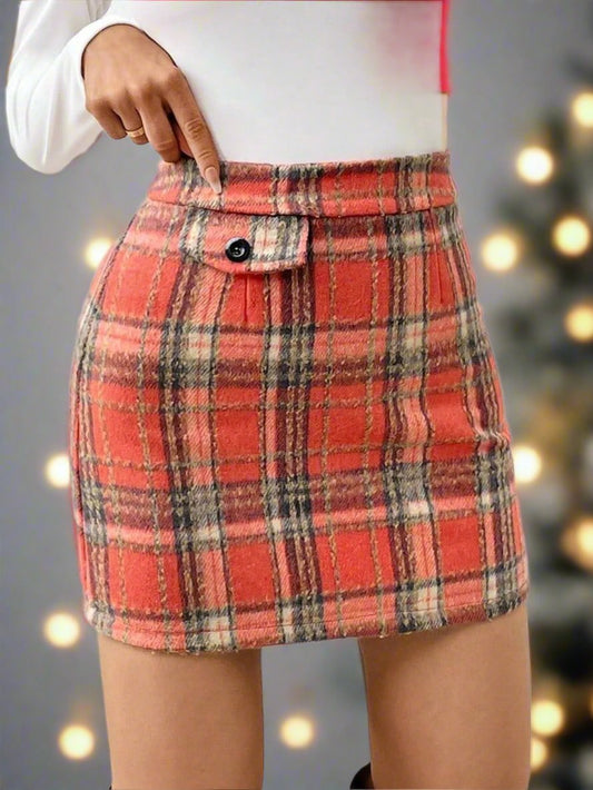 Decorative Button Plaid Mini Skirt