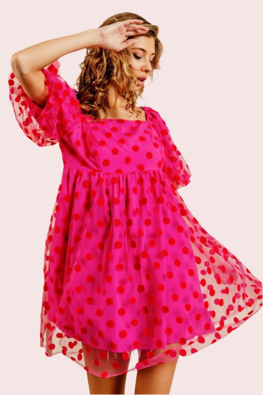 BiBi Polka Dot Mesh Puff Sleeve Dress