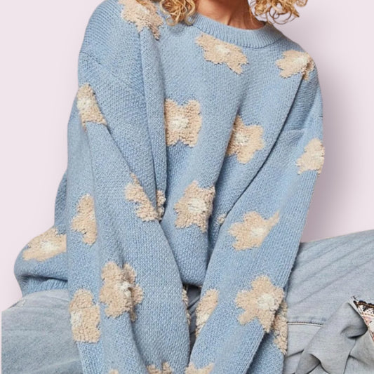 POL Daisy Pattern Drop Shoulder Sweater