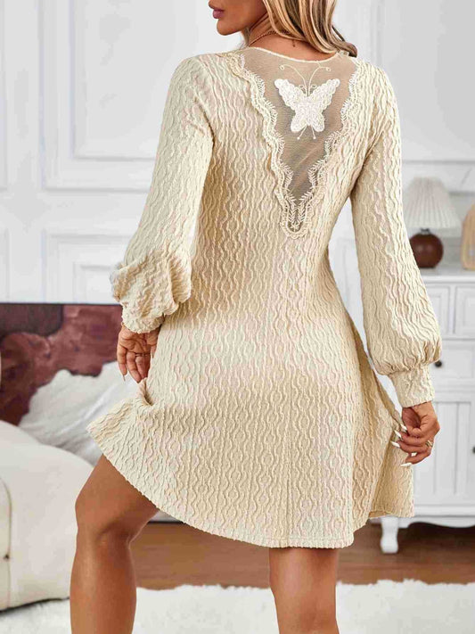 Lace Detail V-Neck Long Sleeve Dress